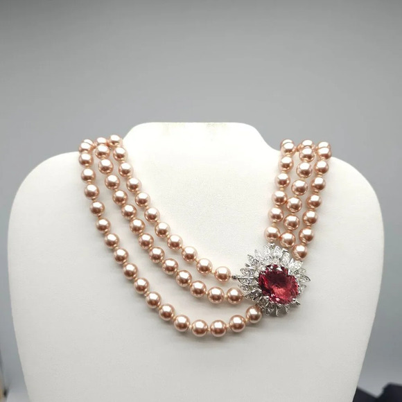Nolan Miller Glamour Collection Faux Pearl Necklace Pink Clear Rhinestone Accent - Picture 2 of 8